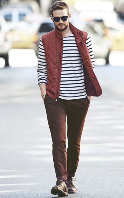 With striped shirt, marsala pants and leather boots