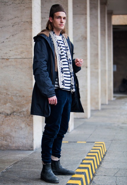 With striped shirt, printed scarf, navy blue velvet pants and black boots