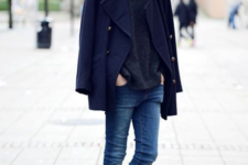 With sweater, navy blue jacket and skinny jeans