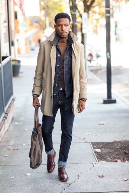 With turtleneck, denim jacket, beige coat and cuffed jeans
