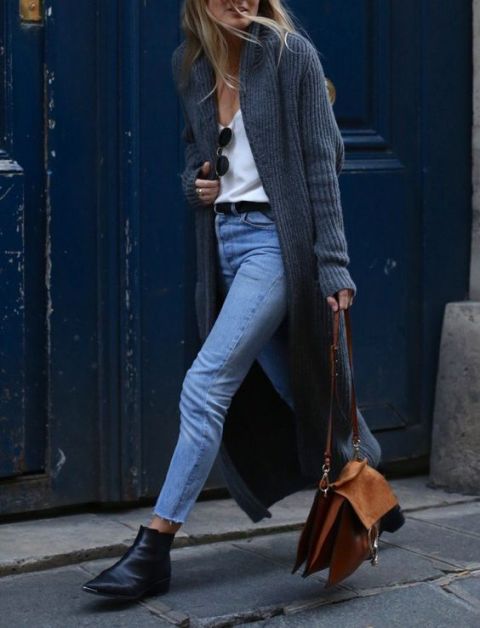 With white shirt, crop jeans, long cardigan and brown bag