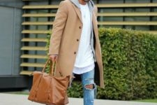 With white shirt, distressed jeans, pink sneakers and leather big bag