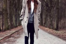 With white shirt, gray cardigan, black skinnies and marsala boots