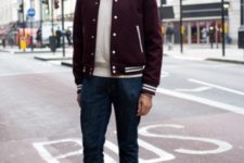 With white sweater, cuffed jeans and brown shoes