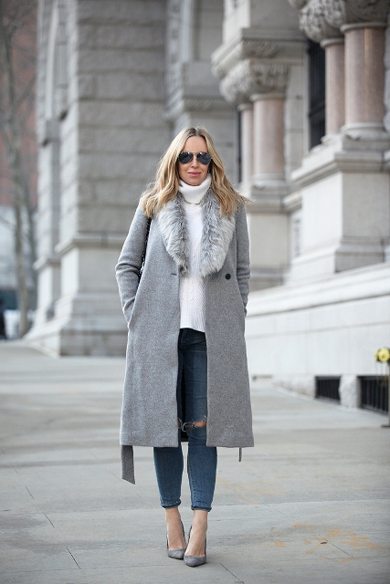 With white sweater, distressed jeans and gray shoes