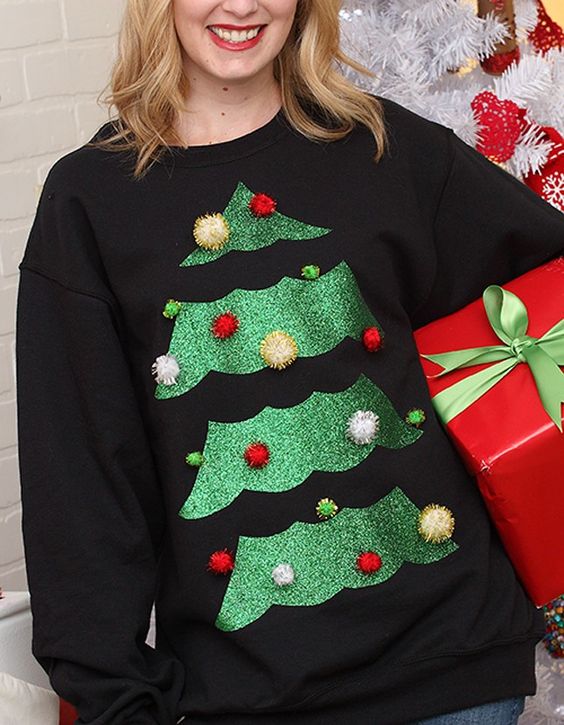 black sweater with a glitter tree and pompom ornaments