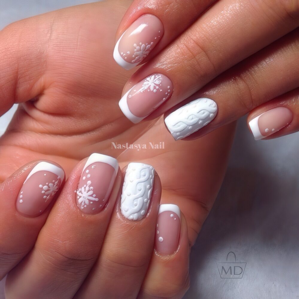 Delicate French nails and cable knit white accents.