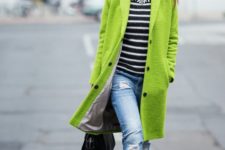 05 trendy greenery coat with heels, jeans and a striped sweater
