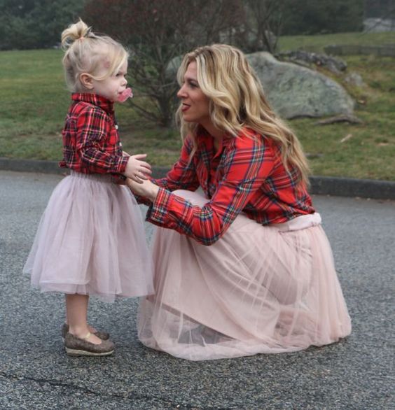 blush flowy skirts and plaid shirts for a cute same look