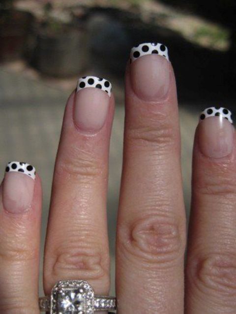 polka dot French nail art with a black and white sharpie