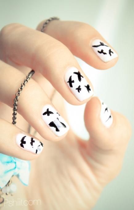 white nails with black birds