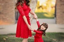 17 red lace dresses and neutral flats for both