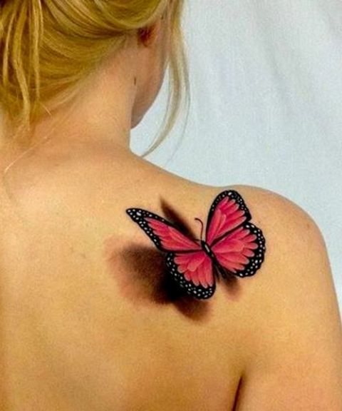 Red 3D butterfly on the right shoulder
