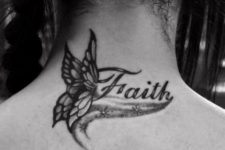 Butterfly with faith tattoo on the neck