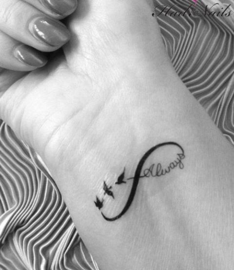 Infinity sign with birds and word always tattoo