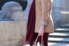 With beige jacket, marsala skinnies, pumps and bag