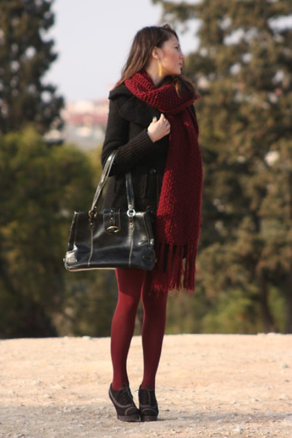 With black coat, dress, marsala tights and ankle boots