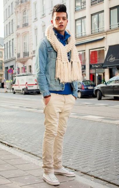 With denim jacket, beige pants and white sneakers