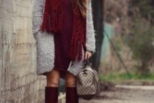With dress, gray coat, printed bag and marsala leather boots