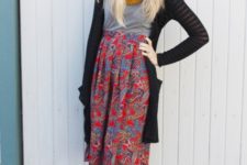 With gray shirt, midi skirt, long cardigan and ankle boots