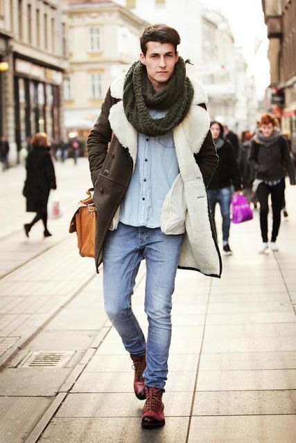 With jeans, denim shirt, shearling coat and marsala boots