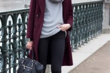 With light gray sweater, skinnies, ankle boots, marsala coat and black bag