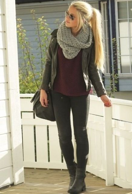 With marsala shirt, skinnies, boots and leather jacket