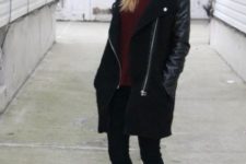 With marsala sweater, skinnies, flat boots and beanie