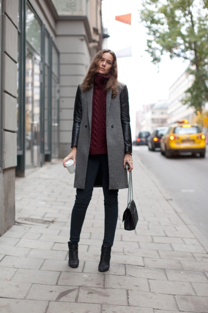 With marsala turtleneck sweater, jeans, ankle boots and chain strap bag