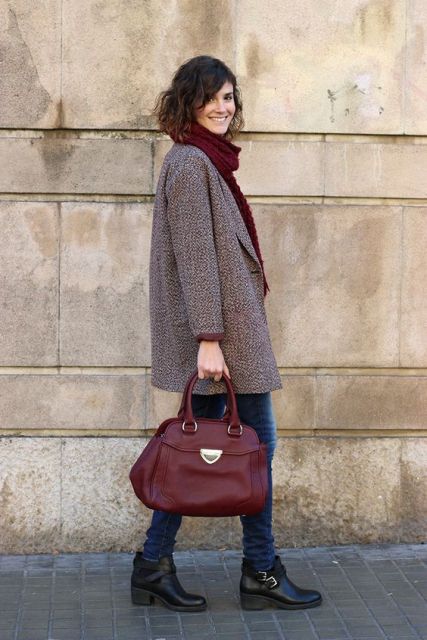 With mini coat, marsala bag, jeans and ankle boots