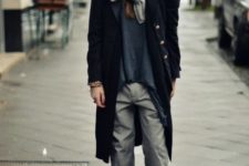 With oversized shirt, cuffed gray trousers, leopard ankle boots and knee-length coat