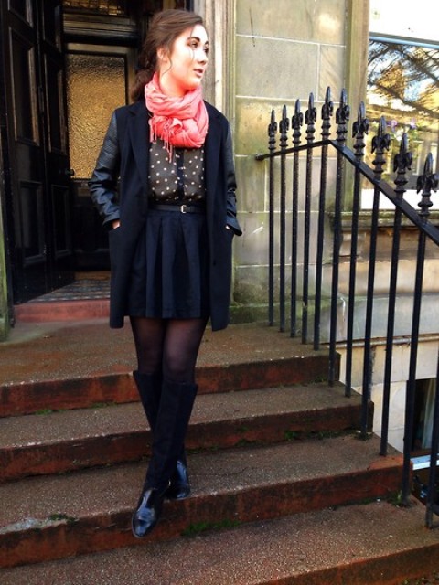 With polka dot blouse, skater skirt, boots and pink scarf