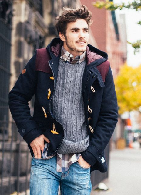 With printed shirt, jeans and duffle coat