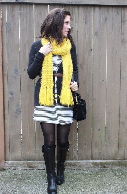 With striped dress, cardigan, belt and high boots