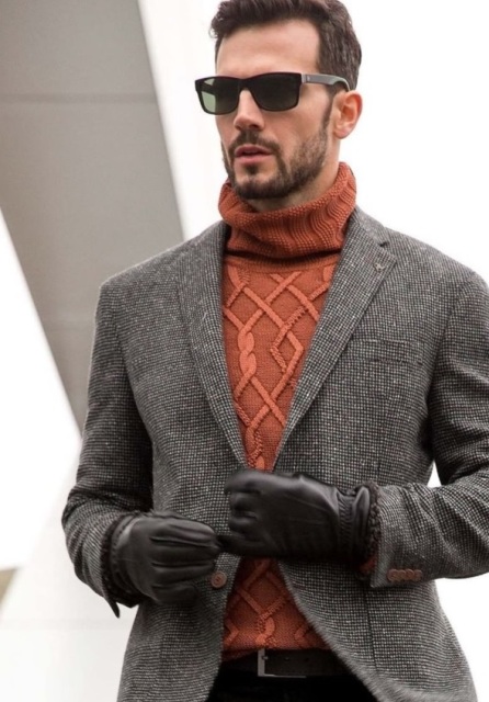 Men winter work outfit with tweed jacket, leather gloves and pants