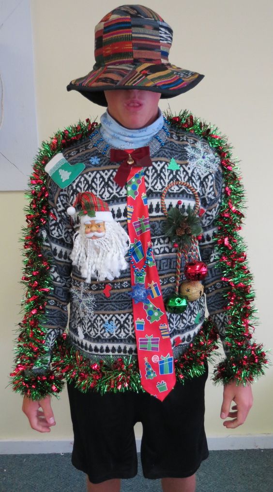 bold sweater with a tie, ornaments and bells