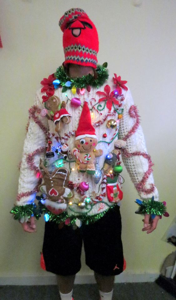 super bold white sweater with gingerbread men, stockings, mittens and flowers