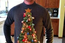 sweater with a Christmas tree, ornaments and lights
