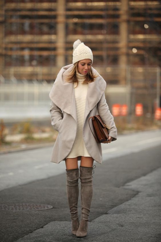 cream sweater dress, grey over th eknee boots and a taupe coat
