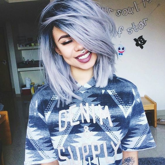 cute blue grey dyed hairstyle with dark roots
