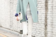 07 white jeans, a grey tee and booties, a short mint coat