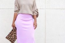08 neon pink midi skirt and a neutral one-shoulder sweater