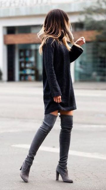 turtleneck sweater dress and grey boots are a comfy ensemble