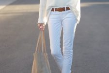09 white denim, a white chunky sweater and ocher boots