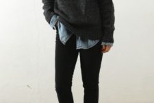 14 black denim, a chambray shirt, an oversized black sweater and ankle boots