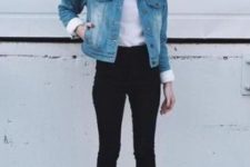 17 black jeans, brown ankle boots and a cropped denim jacket with fur