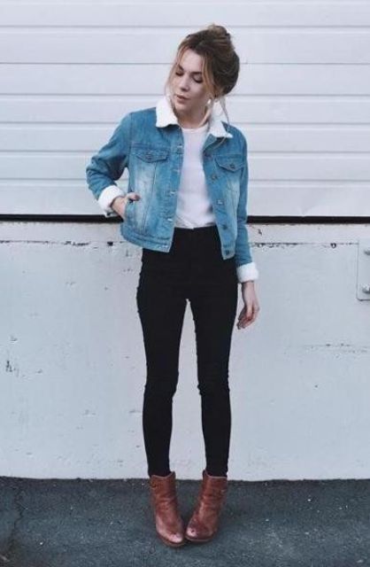 black jeans, brown ankle boots and a cropped denim jacket with fur