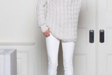 19 white jeans, black shoes and an oversized cable knit with a turtleneck