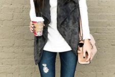 21 ripped fitted jeans, a white sweater, a faux fur vest and suede ankle booties