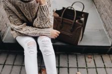 24 white ripped jeans, browwn booties and a brown turtleneck sweater